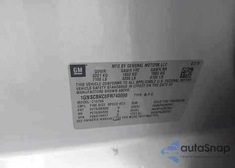 2015 Chevrolet Tahoe C1500 Lt из США, поврежденный, VIN 1GNSCBKC6FR740098